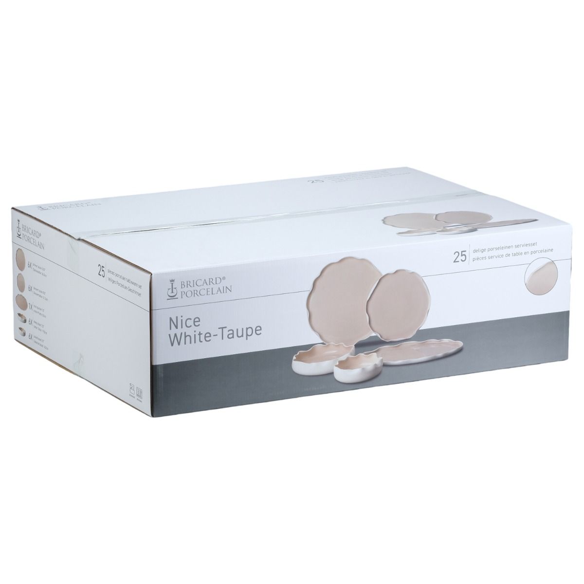 Bricard Nice, Porseleinen Serviesset, 25-delig, 6-Persoons, Wit/Taupe, Japandi, Dinner Set – verpakking