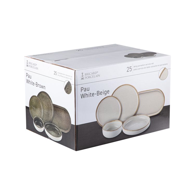 Bricard Pau, Porseleinen Serviesset, 25-Delig, 6-Persoons, Mat Wit/Bruin, Dinner Set – verpakking