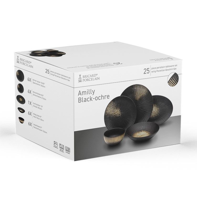 Bricard Porcelain Amily - 6 - Persoons - 25 - Delig Schelpen Serviesset - Zwart/Oker - TEKZEN