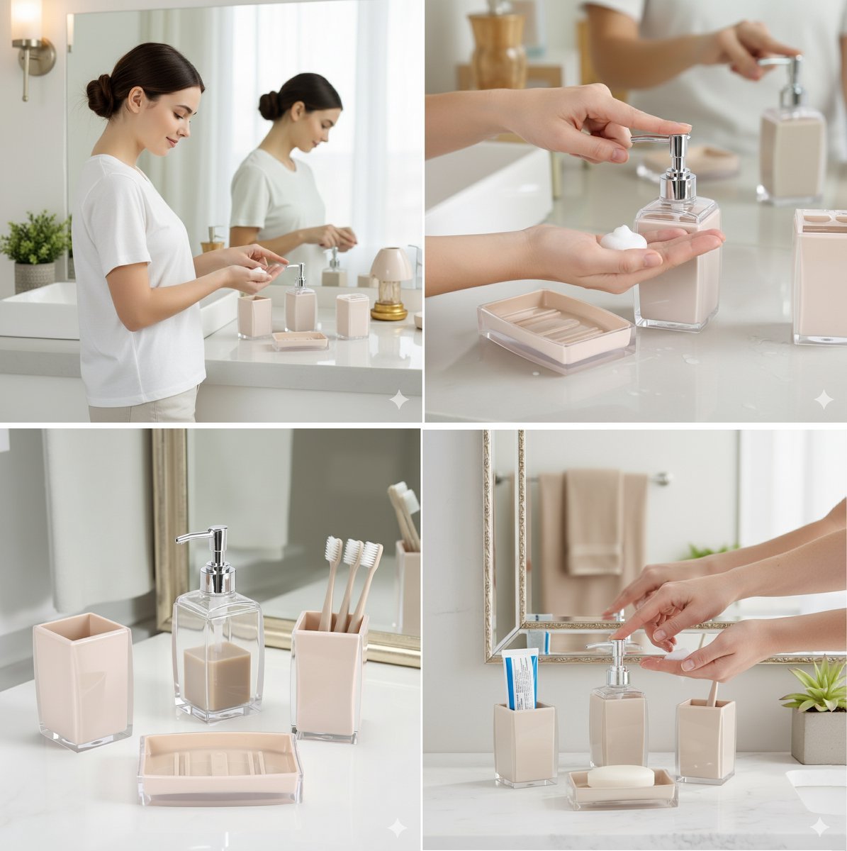 Cheffinger Badkameraccessoireset - 4 - delig - Beige - Zeepdispenser - Tandenborstelbeker - Zeepbakje - Beker - TEKZEN