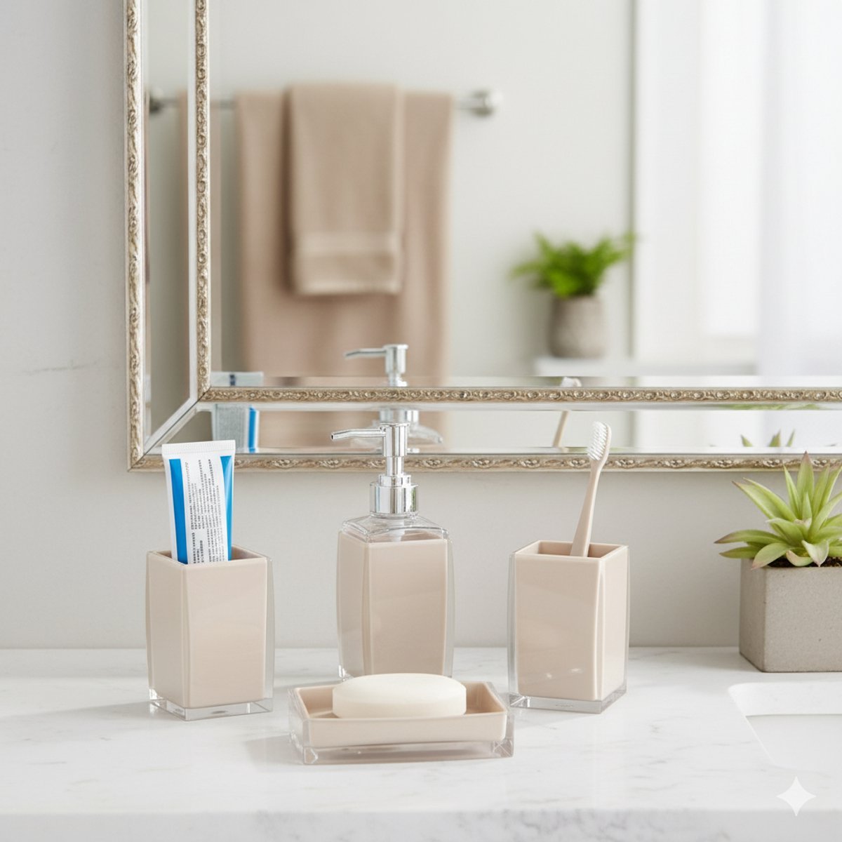 Cheffinger Badkameraccessoireset - 4 - delig - Beige - Zeepdispenser - Tandenborstelbeker - Zeepbakje - Beker - TEKZEN