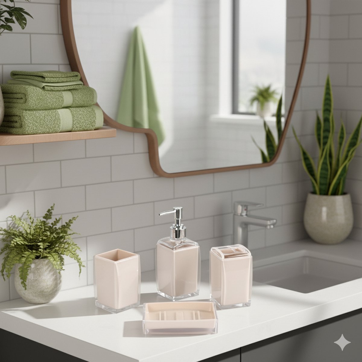 Cheffinger Badkameraccessoireset - 4 - delig - Beige - Zeepdispenser - Tandenborstelbeker - Zeepbakje - Beker - TEKZEN