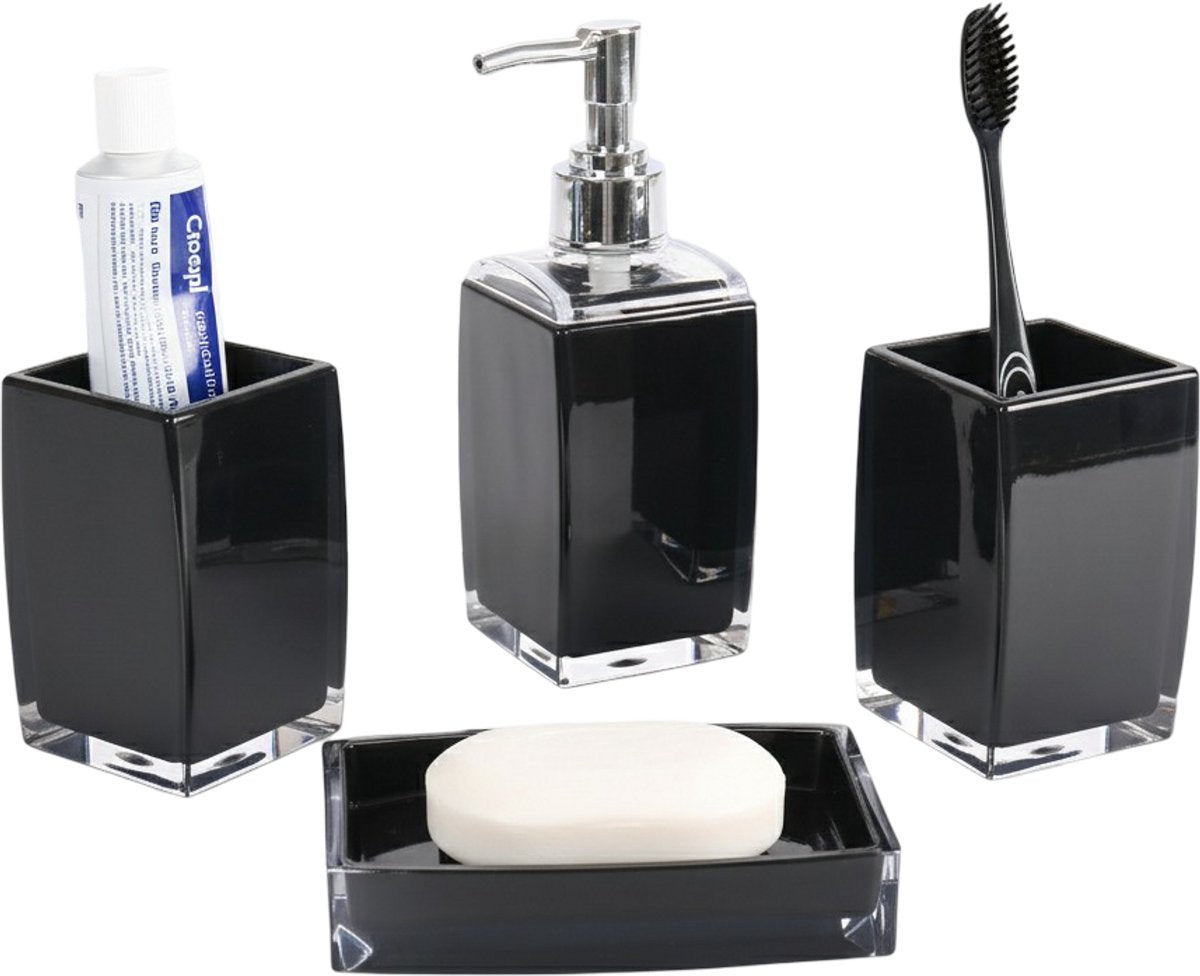 Cheffinger Badkameraccessoireset - 4 - delig - Zwart - Zeepdispenser - Tandenborstelbeker - Zeepbakje - Beker - TEKZEN