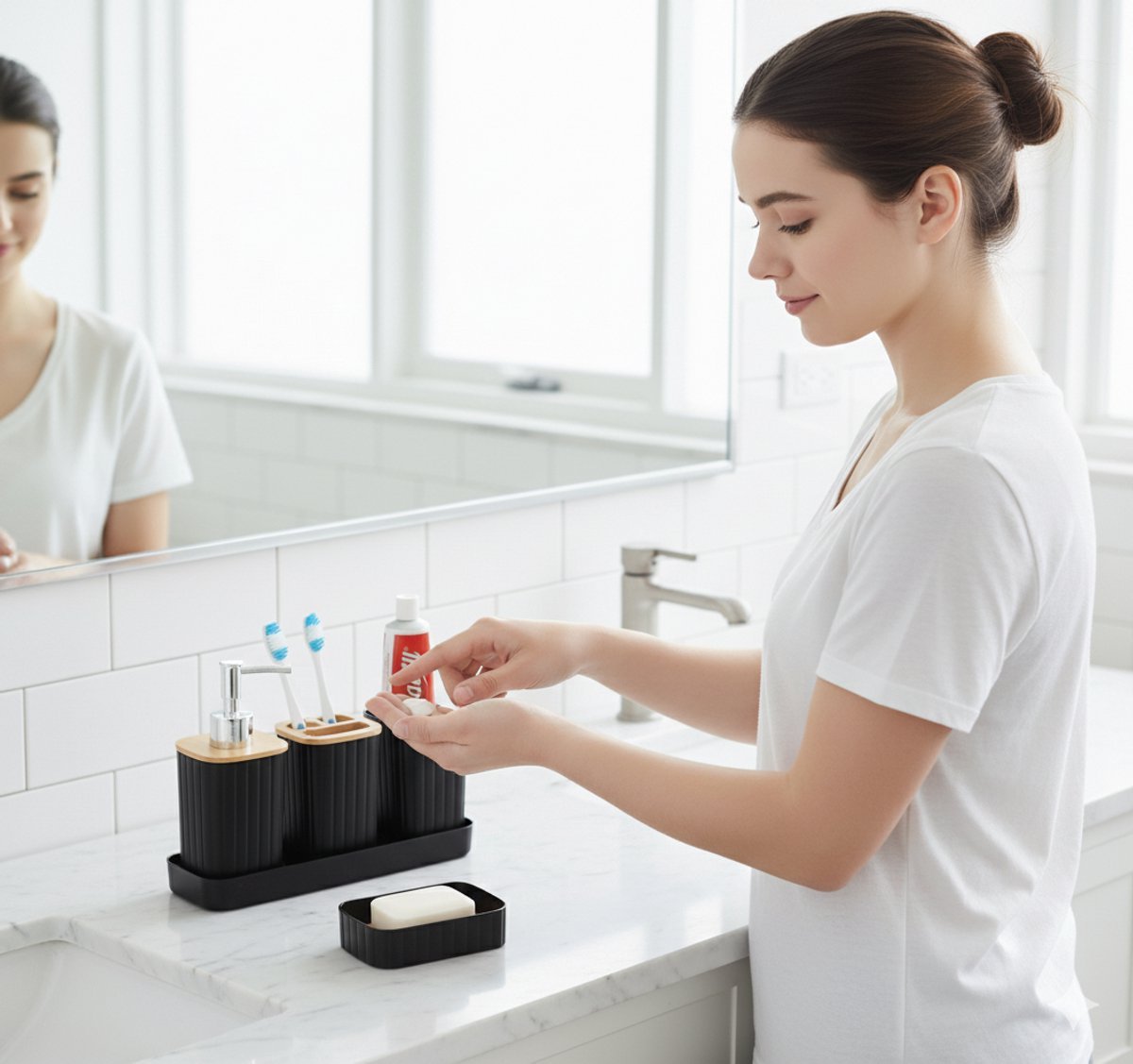 Cheffinger Badkameraccessoireset - 5 - delig - Zwart - Zeepdispenser - Tandenborstelbeker - Zeepbakje - Beker - Houder - TEKZEN