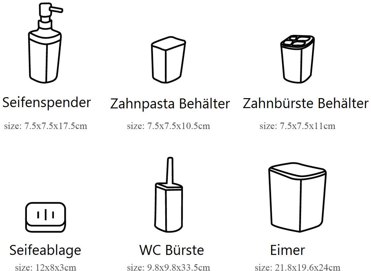 Cheffinger Badkameraccessoireset - 6 - delig - Zwart - Zeepdispenser - Tandenborstelbeker - Zeepbakje - Beker - WC - borstel - Afvalemmer - TEKZEN
