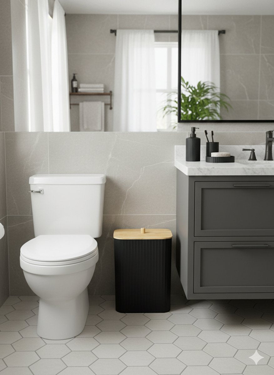 Cheffinger Badkameraccessoireset - 6 - delig - Zwart - Zeepdispenser - Tandenborstelbeker - Zeepbakje - Beker - WC - borstel - Afvalemmer - TEKZEN