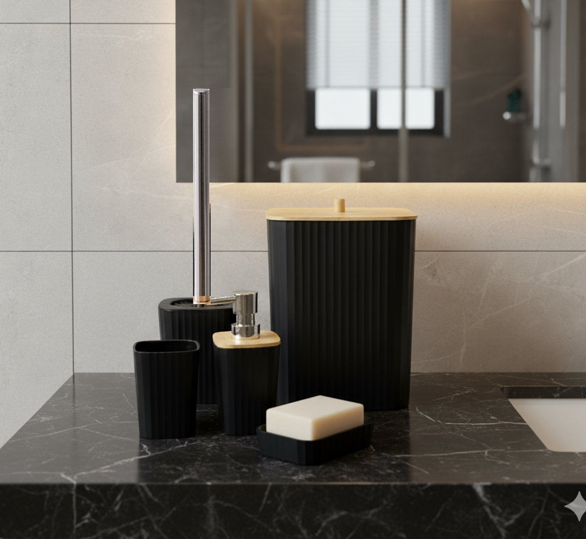 Cheffinger Badkameraccessoireset - 6 - delig - Zwart - Zeepdispenser - Tandenborstelbeker - Zeepbakje - Beker - WC - borstel - Afvalemmer - TEKZEN