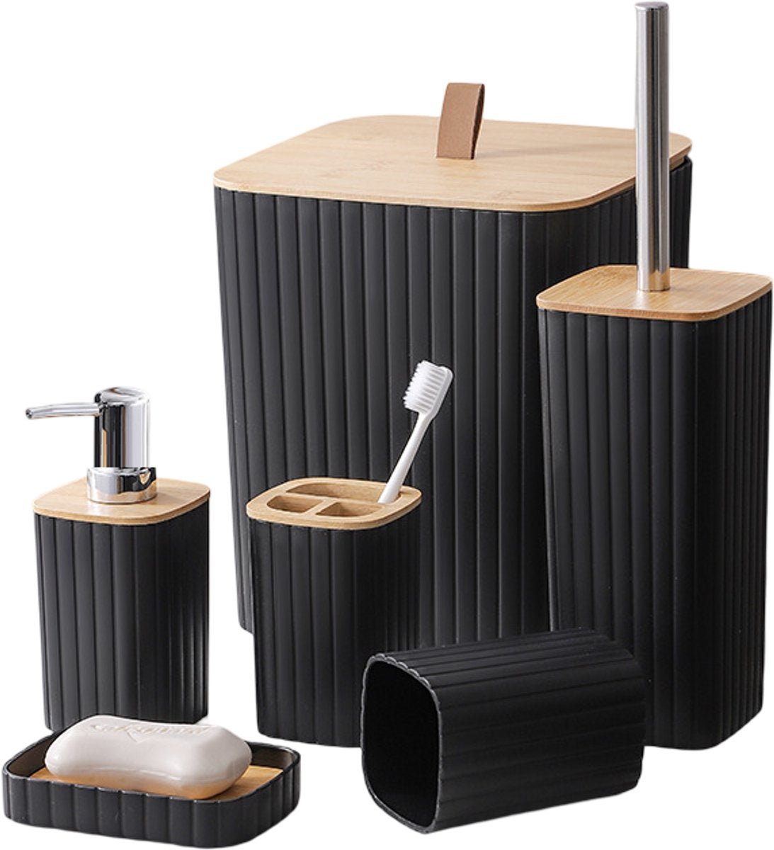 Cheffinger Badkameraccessoireset - 6 - delig - Zwart - Zeepdispenser - Tandenborstelbeker - Zeepbakje - Beker - WC - borstel - Afvalemmer - TEKZEN