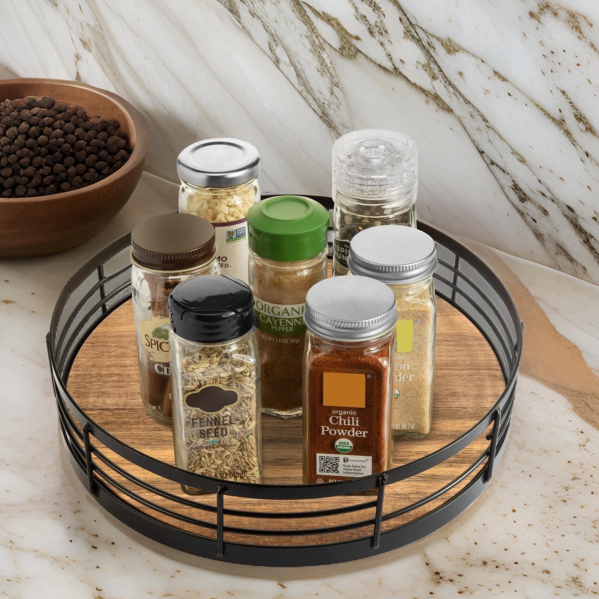 Cheffinger Draaiplateau - 26cm - Keuken Organizer - Keukenrek - kruidenrek - Roteerbaar - Zwart - Hout - TEKZEN