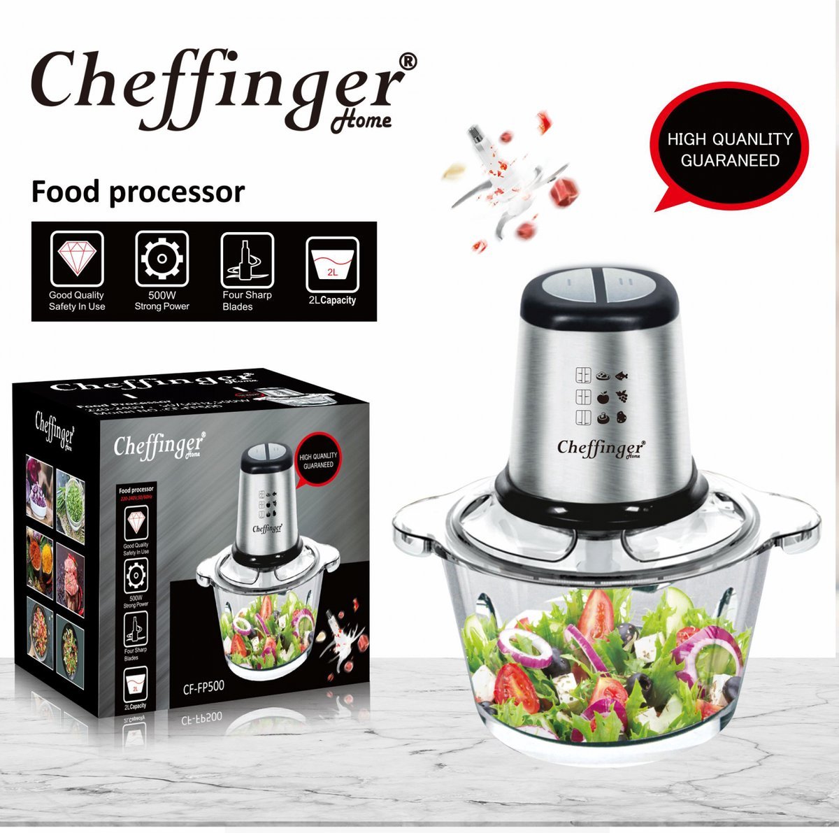 Cheffinger Elektrische Hakmolen - Glazen Kom - 500W en 1000W Extra Sterk XL - TEKZEN