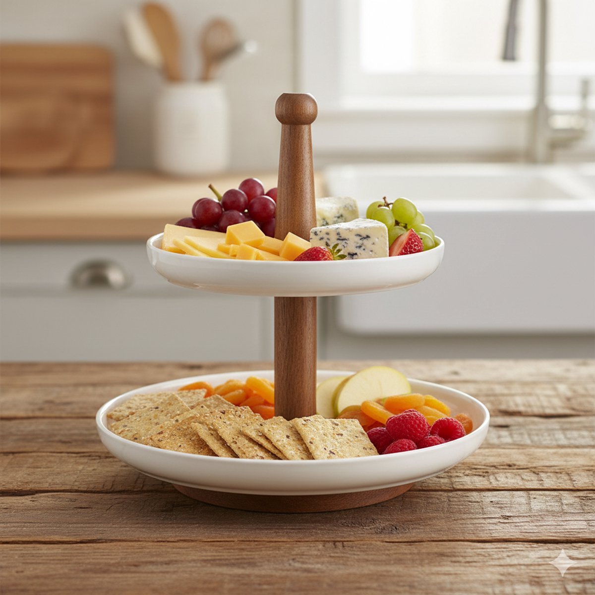 Cheffinger Etagère - 2 - laags - Bamboe/Keramiek - Fruitschaal - Fruitmand - TEKZEN