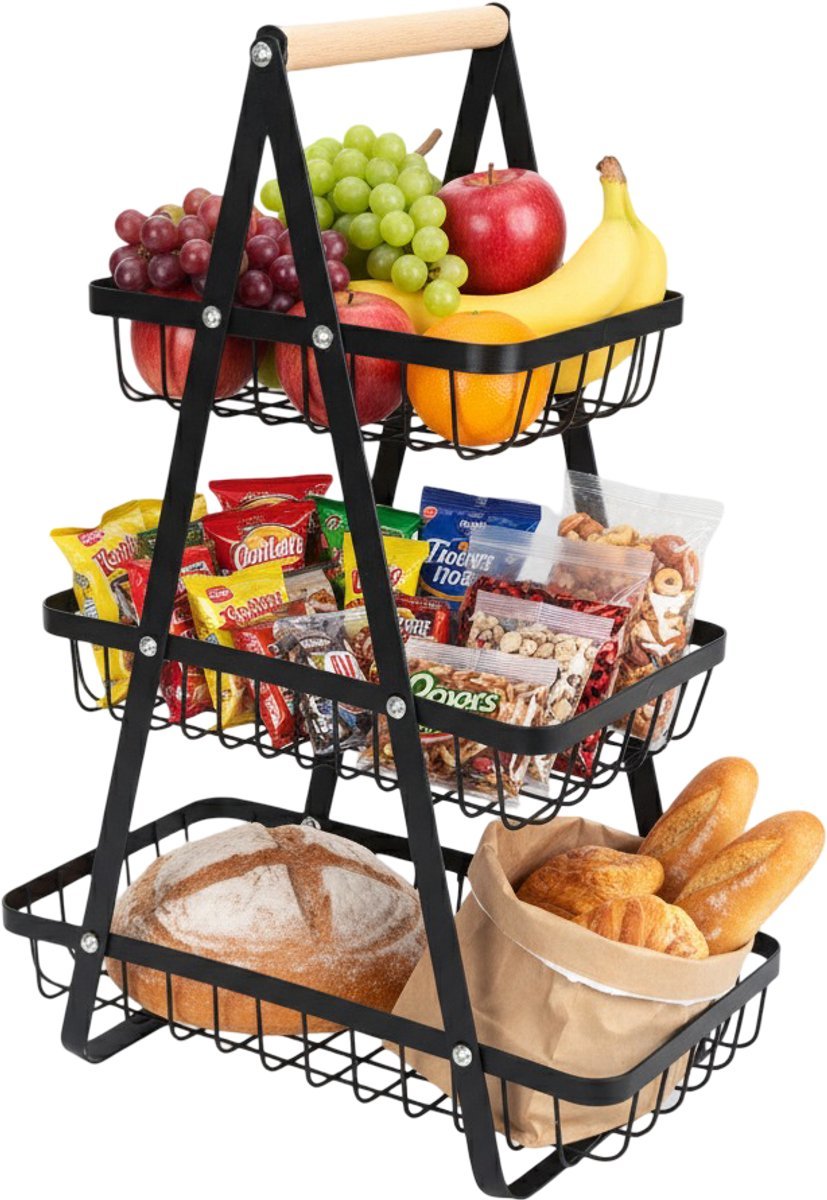 Cheffinger Etagère - 3 Laags - Zwart - Fruitmand - Fruitmand Metaal - Etagère - Decoratie Schaal - Fruitschaal - TEKZEN