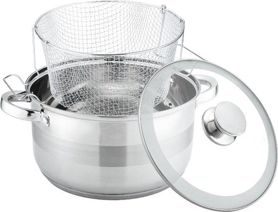 Frituurpan, 2L braadpan van roestvrij staal, frituurpan met zeef Frituurpan, 2L braadpan van roestvrij staal, frituurpan met zeef