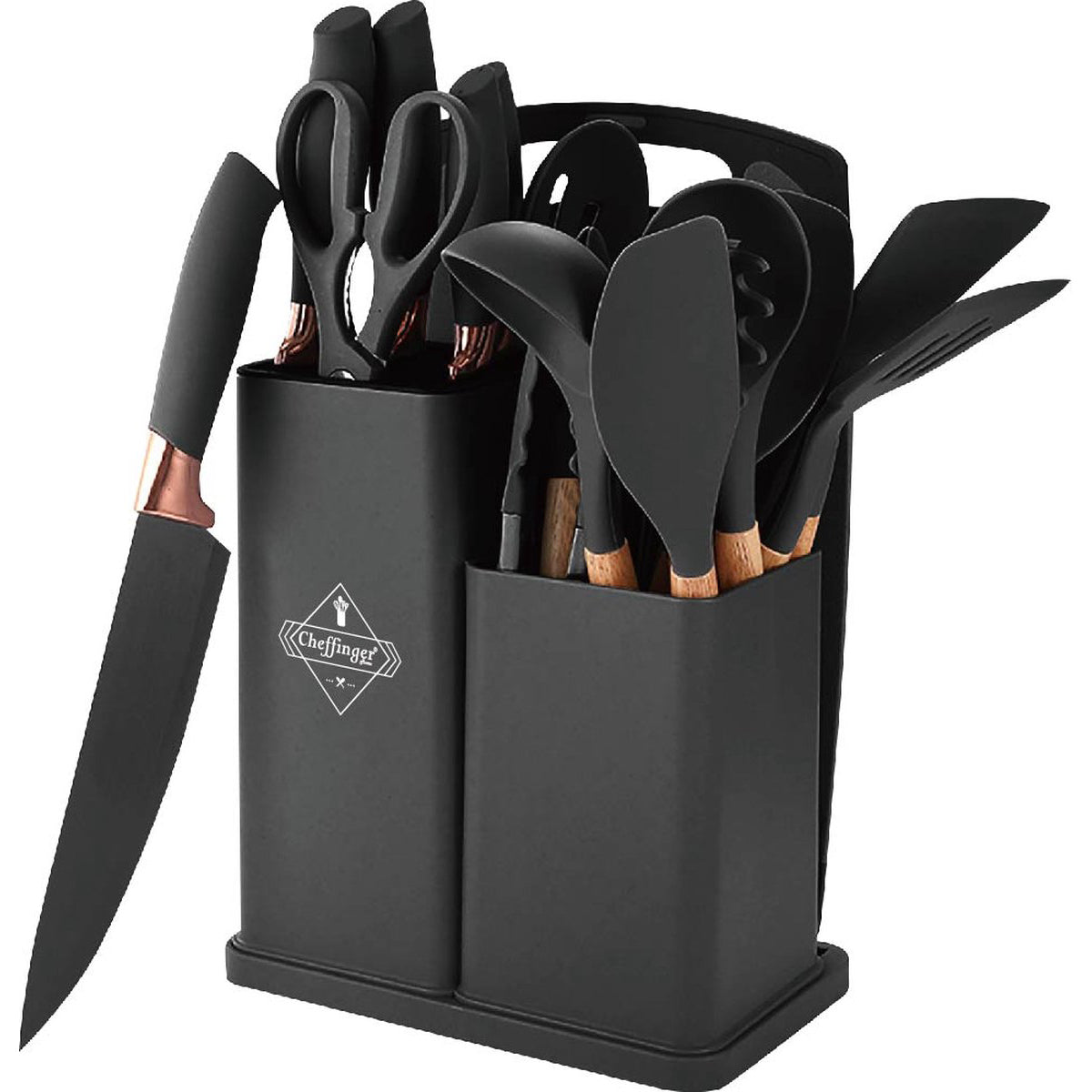 Cheffinger Messenset & Keukengerei Set met Houder - 19 - delig - Zwart - TEKZEN