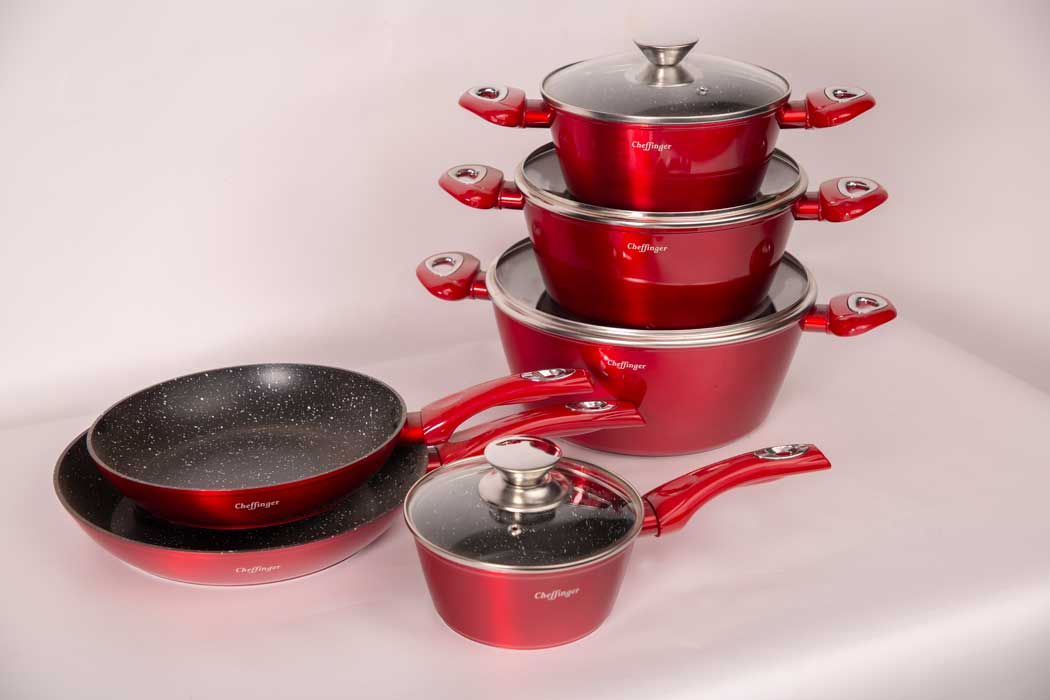 Cheffinger Pannenset - 10 - delig - Rood - Inductie - Met Glazen Deksels - TEKZEN