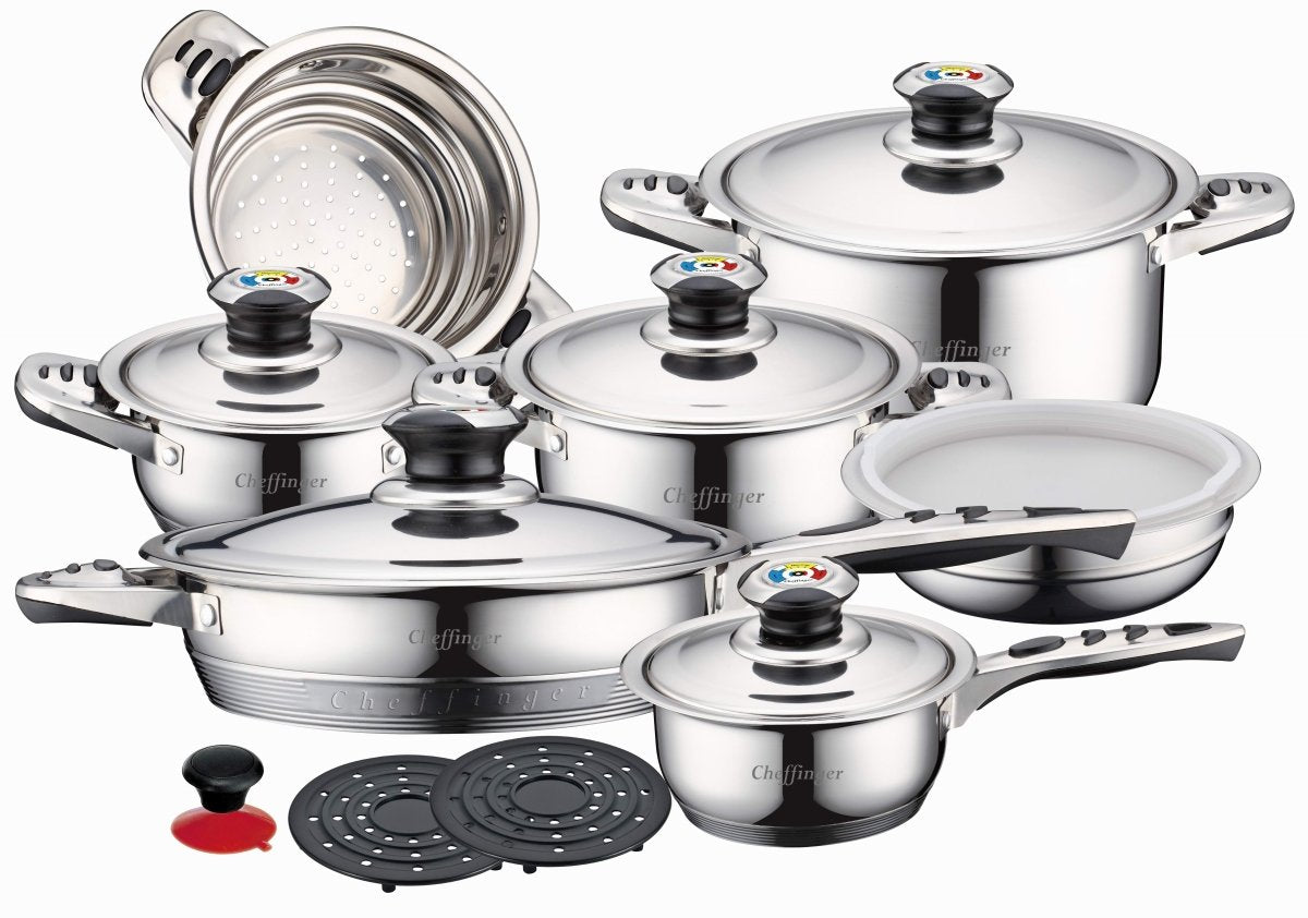 Cheffinger Pannenset - 16 - delig - Zilver - RVS - Kookpannen - Inductie - TEKZEN