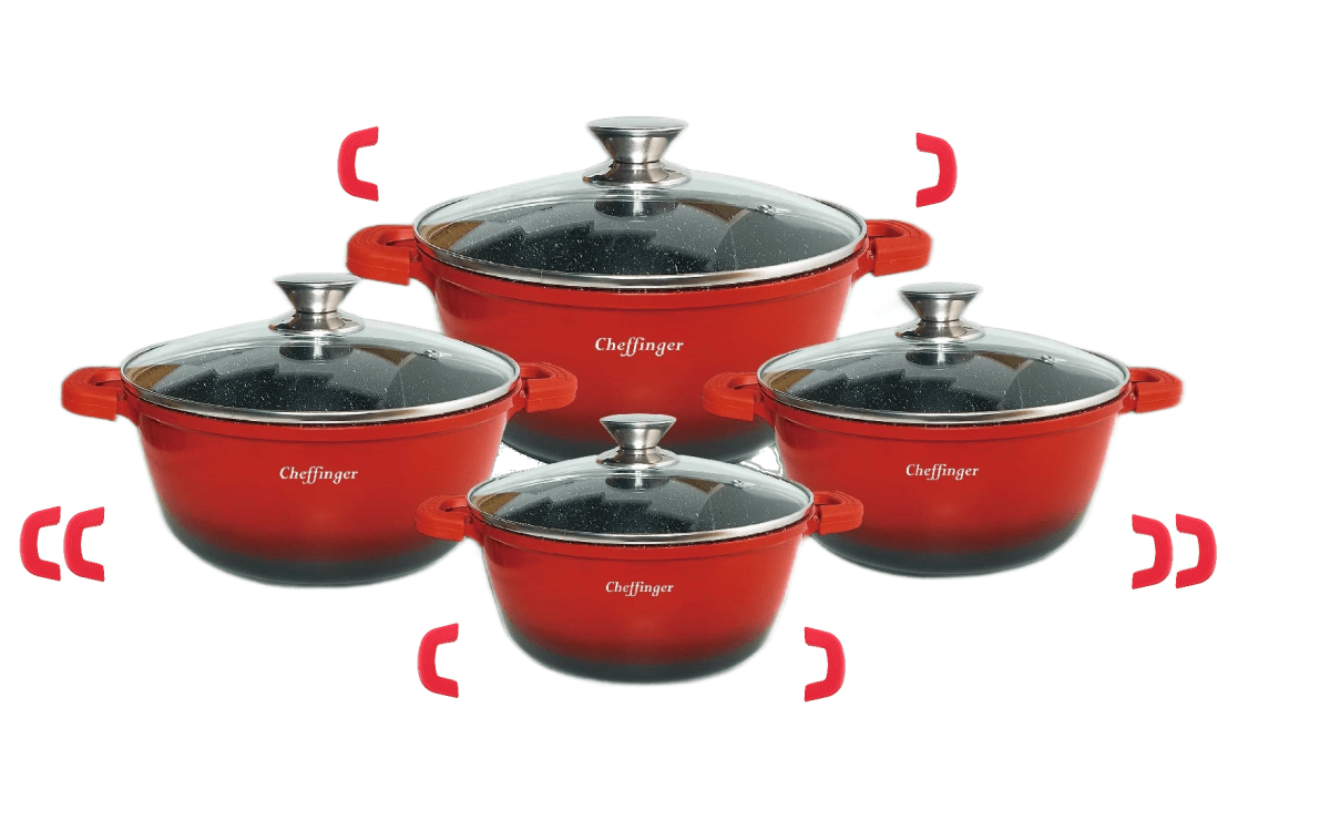Cheffinger Pannenset met Deksel - 8 - delig - Rood - Ø20/24/28/32cm - Inductie - TEKZEN