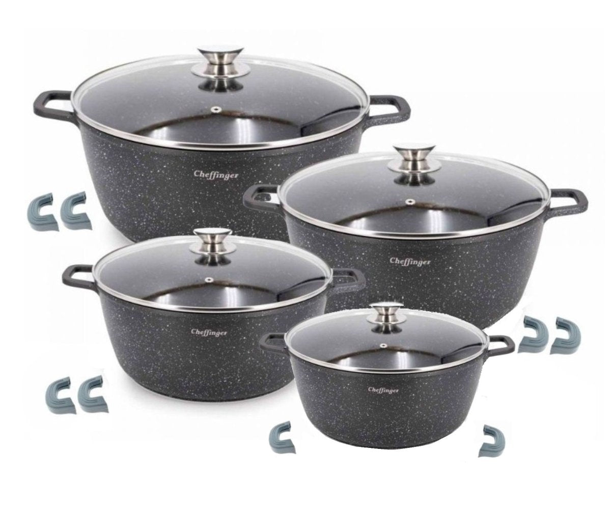 Cheffinger Pannenset met Deksel - 8 - delig - Zwart - Ø20/24/28/32cm - Inductie - TEKZEN