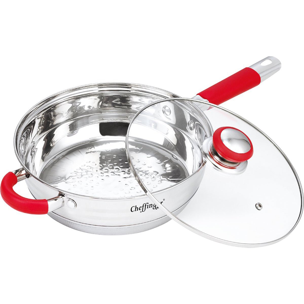 Cheffinger Pannenset met Glazen Deksel - 12 - delig - RVS - Inductie - Zilver/Rood - TEKZEN