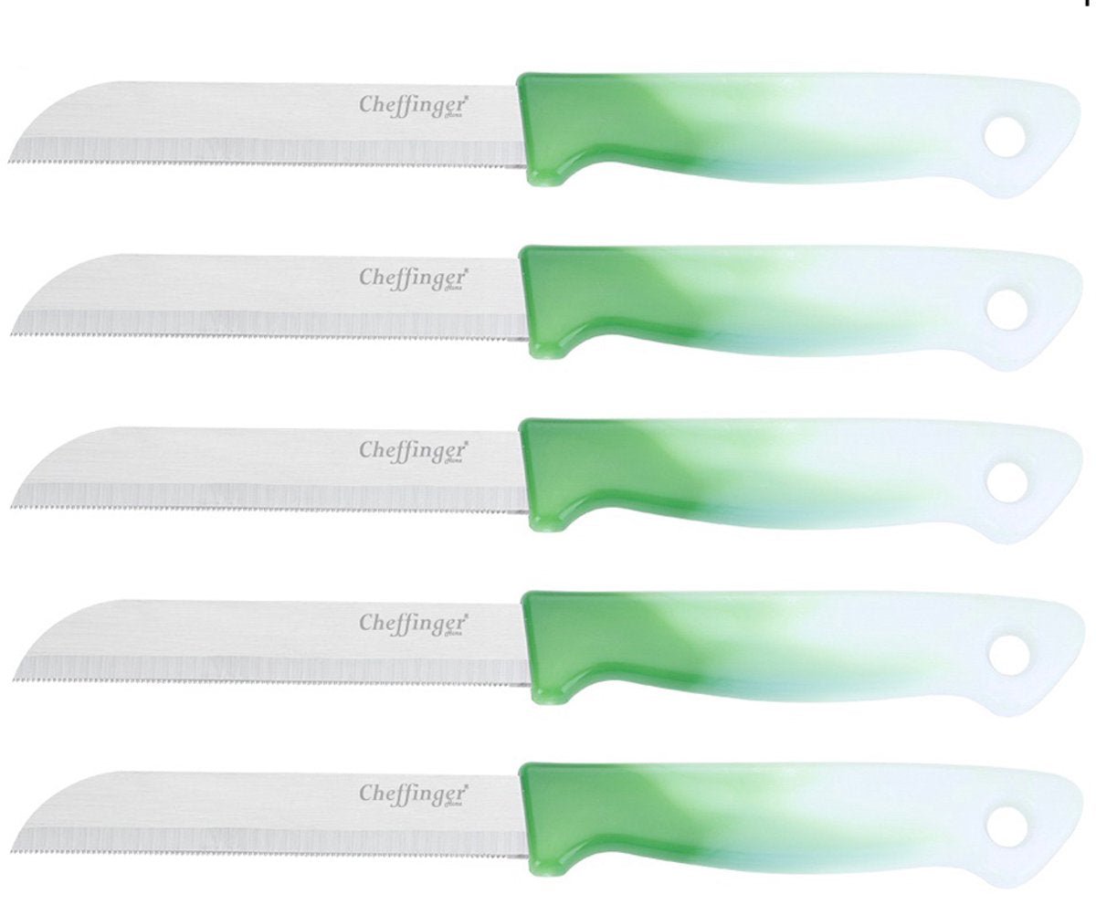 Cheffinger Schilmessenset – RVS Glad – 18 cm – Groen – 5 Stuks - Schilmesje - TEKZEN