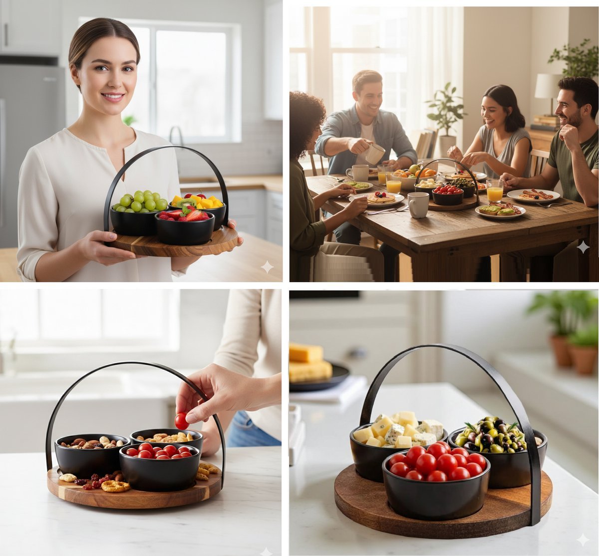 Cheffinger Snackschalen Set - 4 - delig - Bamboe - Zwart - Serveerset - TEKZEN