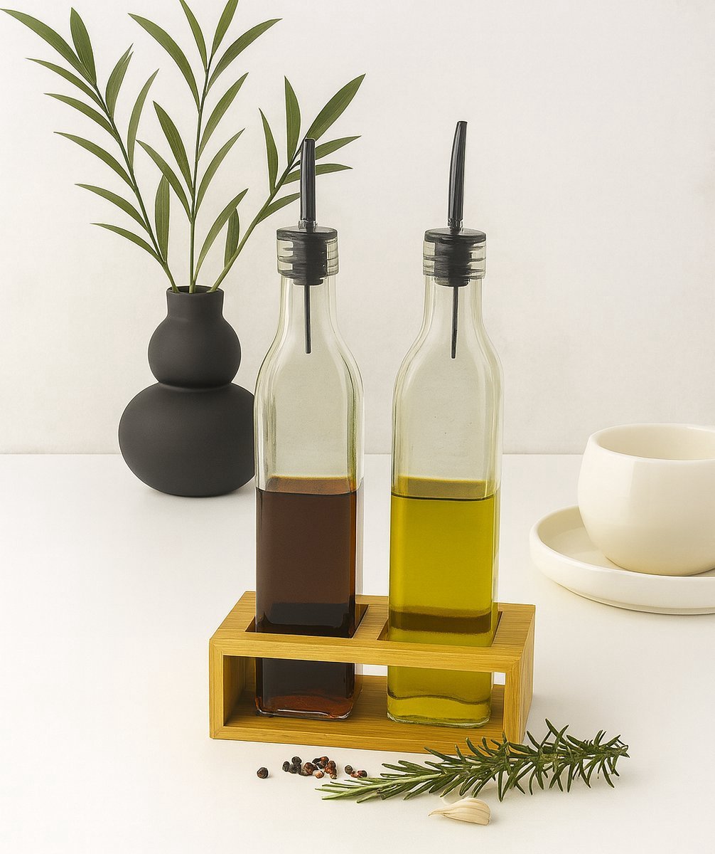 Glozini Olie - en Azijn Set - 3 - delig - Glas - Incl. Bamboe Houder - 500ml - TEKZEN