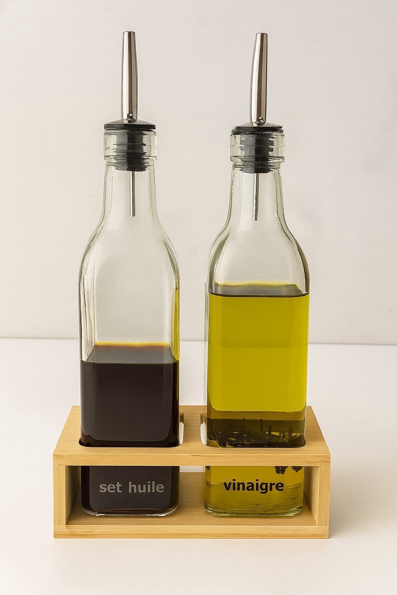 Glozini Olie - en Azijn Set - 3 - delig - Glas - Incl. Bamboe Houder - 500ml - TEKZEN