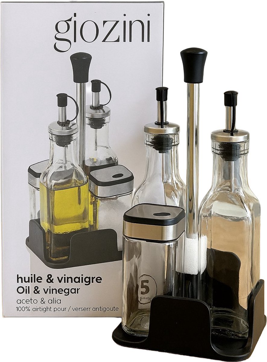 Glozini Olie - en Azijn Set met Zout & Peper - 5 - delig - Glas & RVS - Incl. Houder - TEKZEN