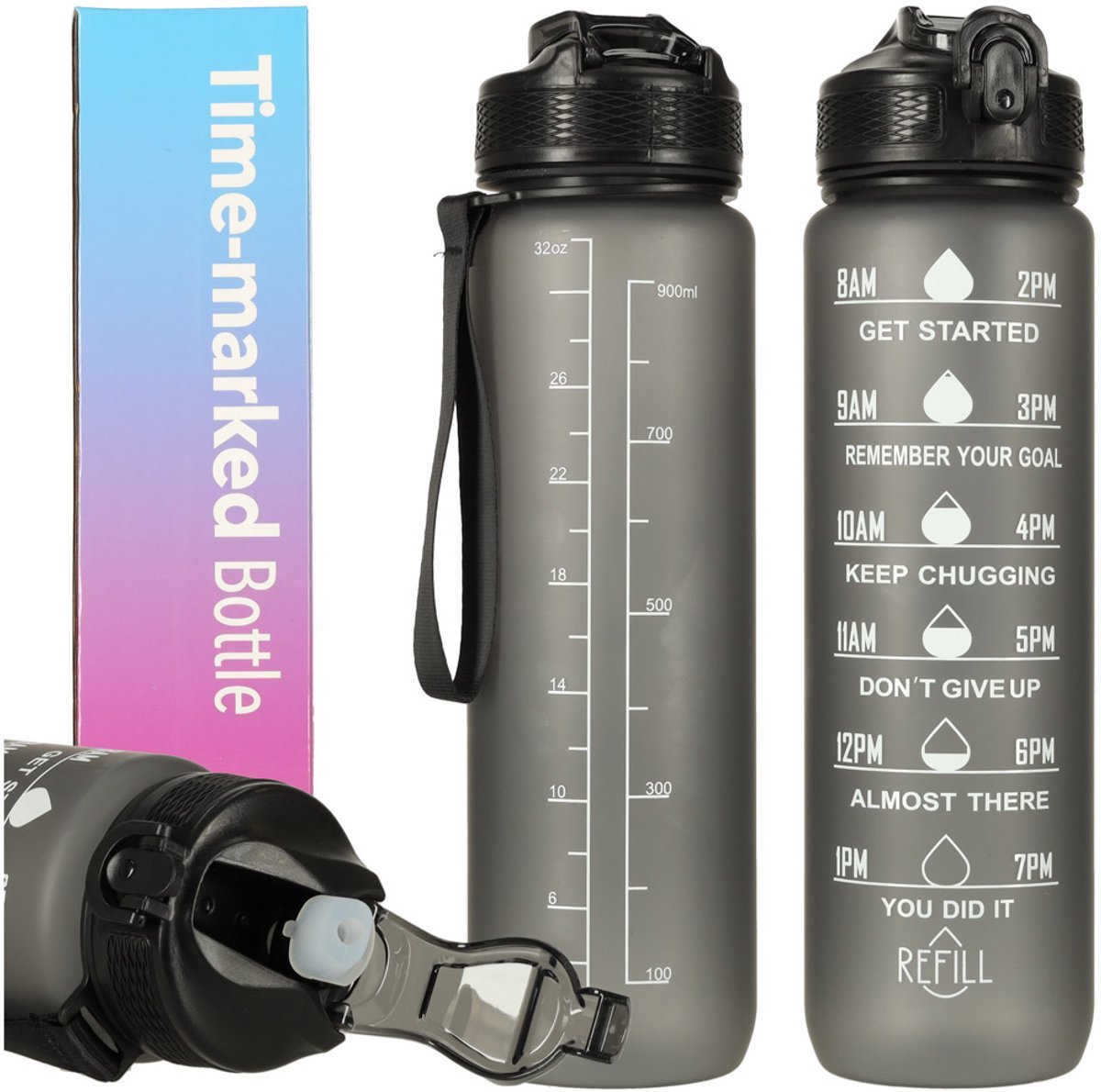 Hauskraft Motivatie Waterfles - Zwart - Drinkfles - Waterfles met Rietje - Waterfles met Tijdmarkering - 1L - TEKZEN