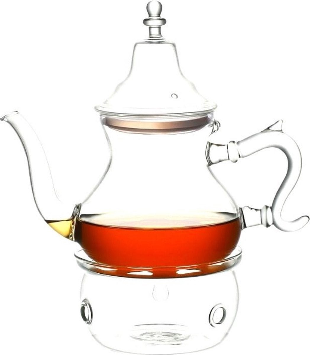 Kadirelli Glazen Theepot met Filter en Theelicht Warmhouder Set - Borosilicaat Glas - RVS Zeef - 1.2L - TEKZEN