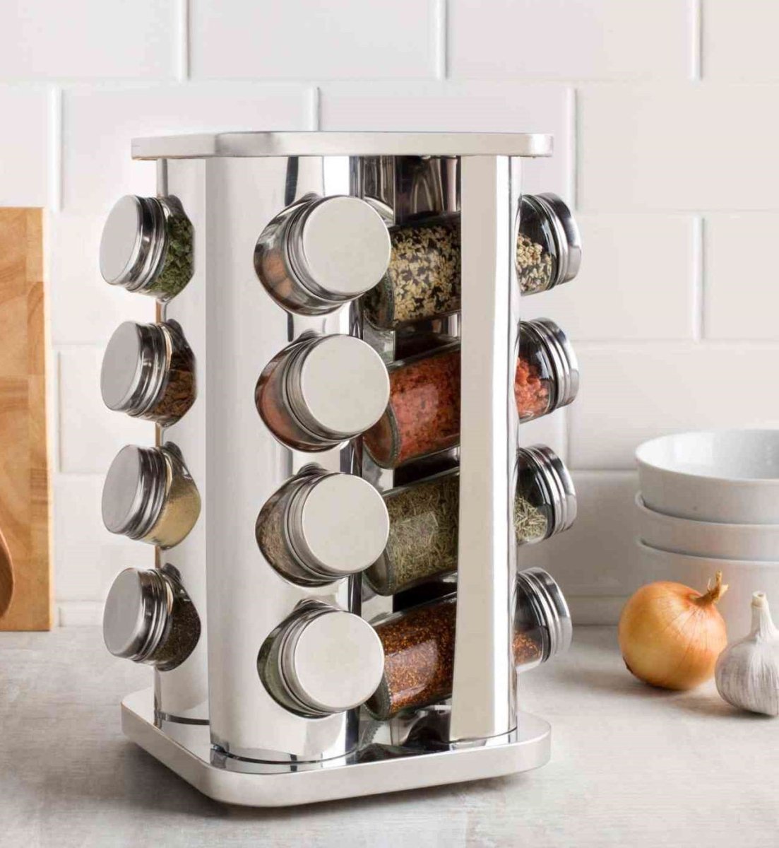 Kadirelli Kruidenrek – 16 kruidenpotjes – 360° draaibaar – Zilver - Kruidencarrousel - TEKZEN
