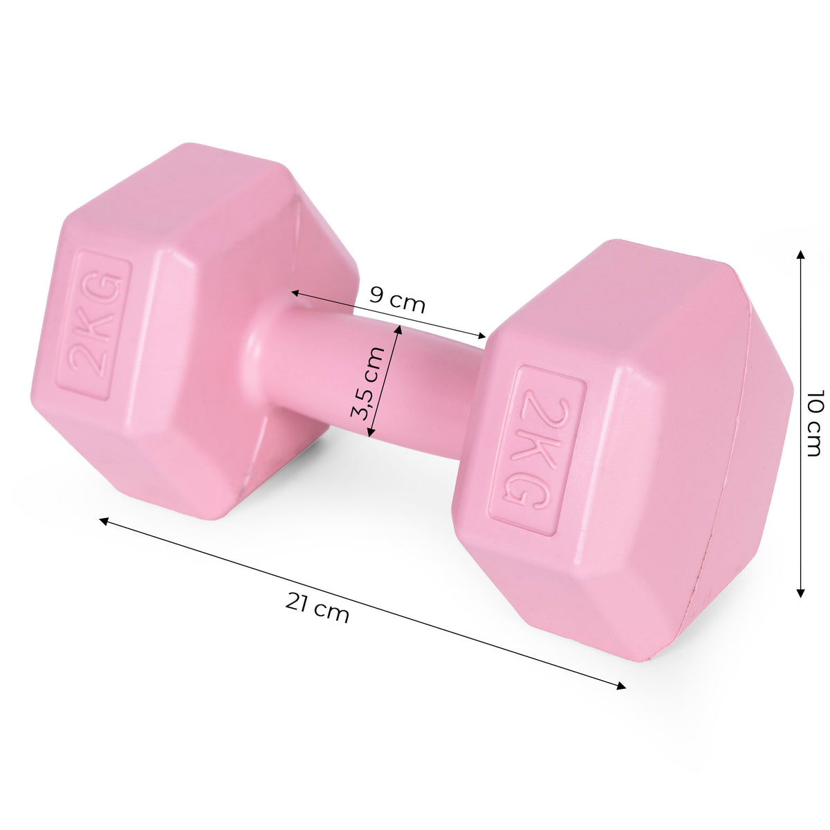 ModernHome hex dumbbellset 2 × 2 kg roze – afmetingen van één dumbbell