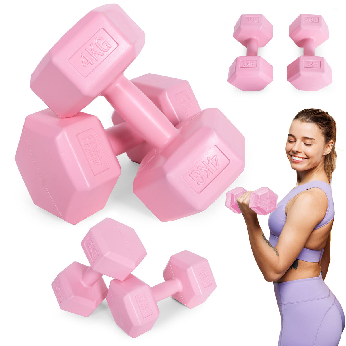 ModernHome hex dumbbellset 2 × 4 kg roze – hoofdfoto met dumbbells en trainingsvoorbeeld