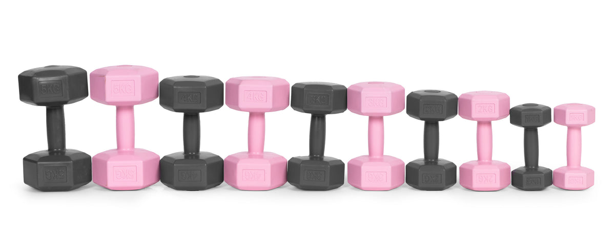ModernHome hex dumbbellset 2 × 5 kg roze – overzicht van de beschikbare gewichten en kleuren