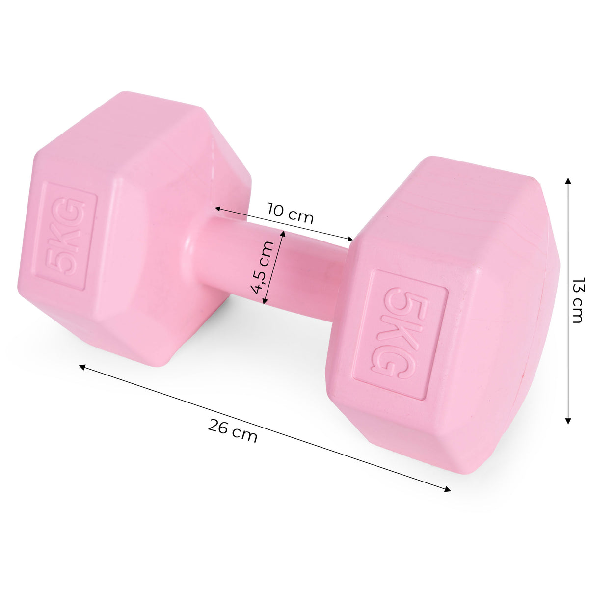 ModernHome hex dumbbellset 2 × 5 kg roze – afmetingen van één dumbbell