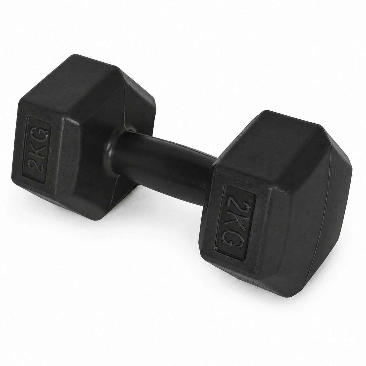MovePro hex dumbbellset 2 × 2 kg zwart – zijaanzicht van één dumbbell
