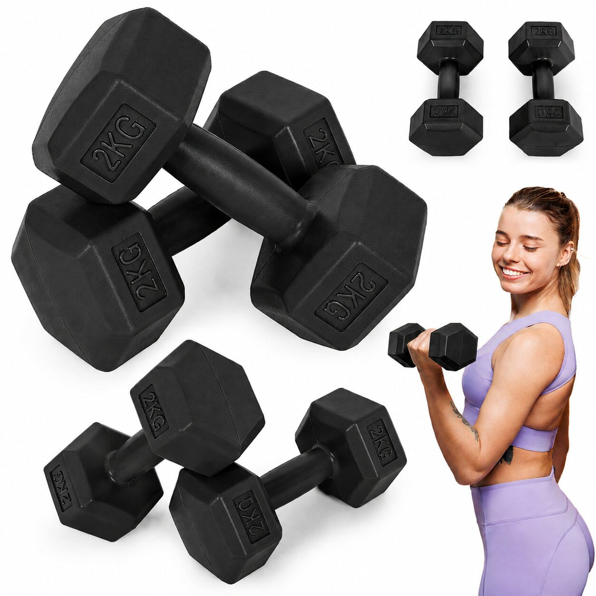 MovePro hex dumbbellset 2 × 2 kg zwart – hoofdfoto met dumbbells en trainingsvoorbeeld