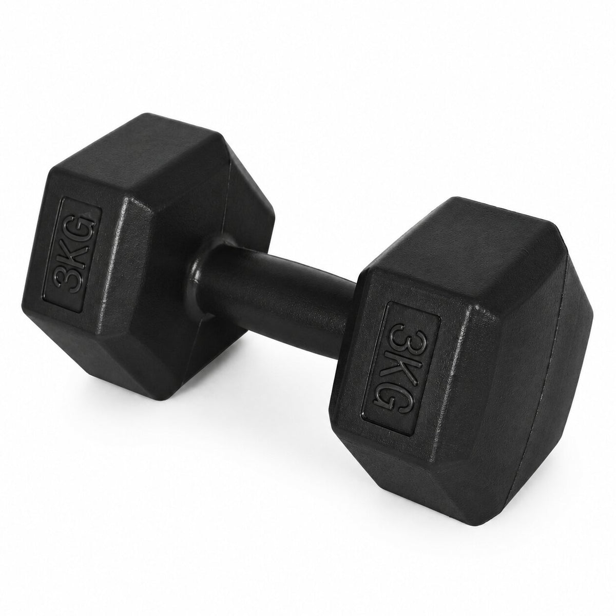 MovePro hex dumbbellset 2 × 3 kg zwart – zijaanzicht van één dumbbell