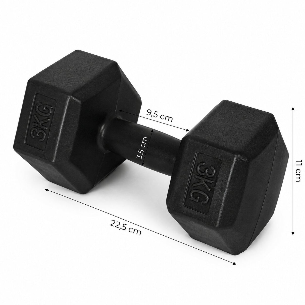 MovePro hex dumbbellset 2 × 3 kg zwart – afmetingen van één dumbbell