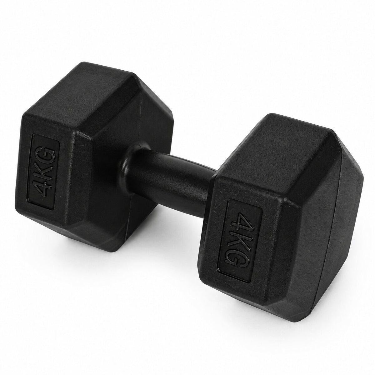 MovePro hex dumbbellset 2 × 4 kg zwart – zijaanzicht van één dumbbell