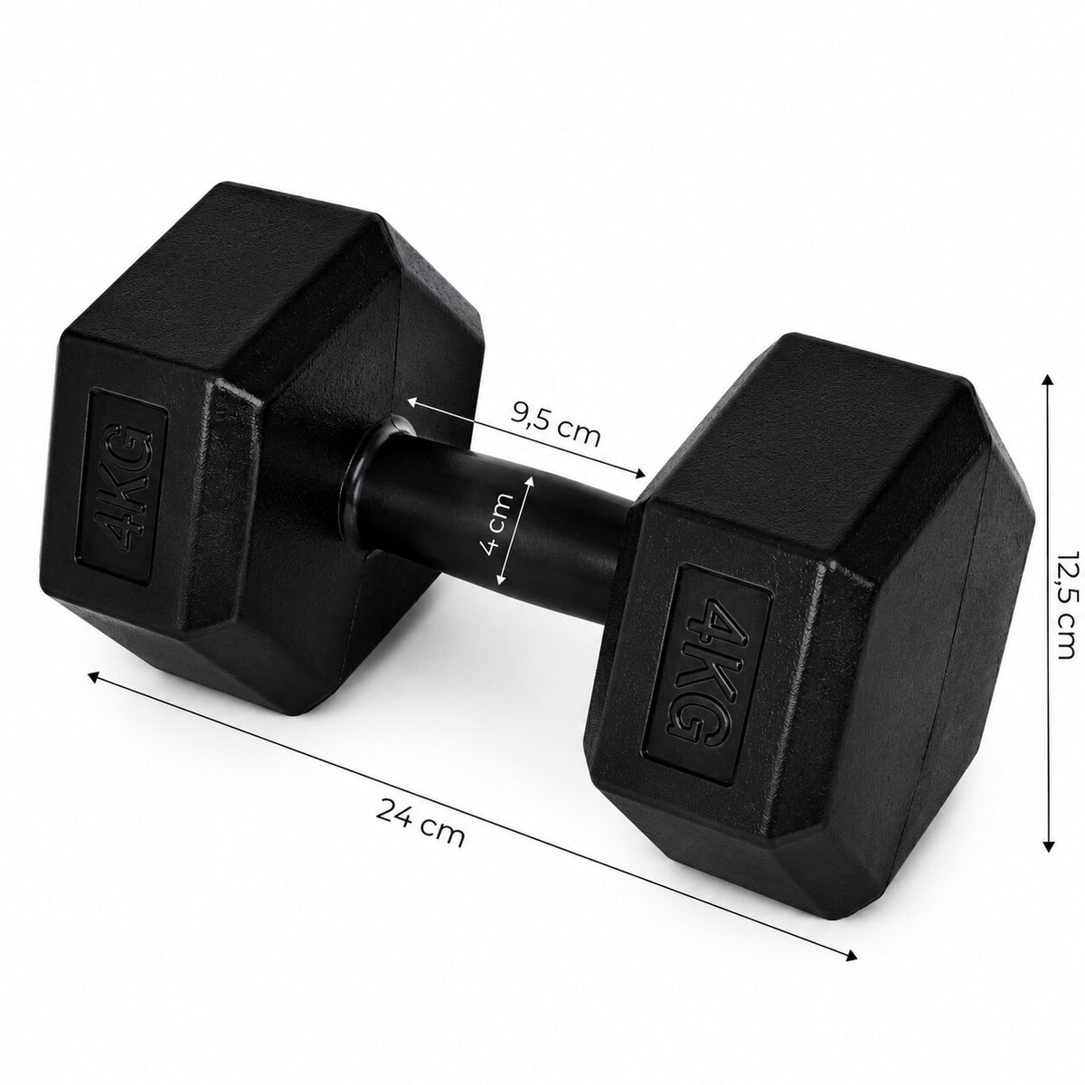 MovePro hex dumbbellset 2 × 4 kg zwart – afmetingen van één dumbbell