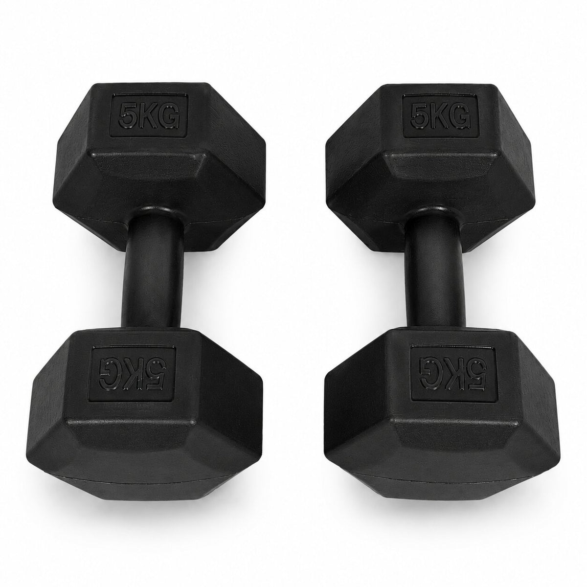MovePro hex dumbbellset 2 × 5 kg zwart – twee dumbbells van bovenaf