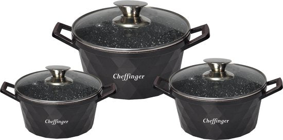 Cheffinger Design Braadpannen set - Diamond Black Line - 6 Delig - Inclusief Deksel - Inductie - 20, 24 & 28CM - TEKZEN