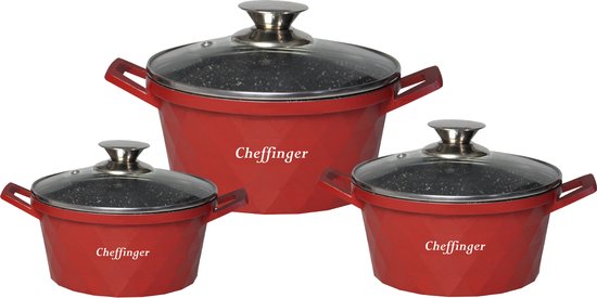 Cheffinger Luxe Braadpannen set - Diamond Red Line - 6-delig - Inclusief Deksel - Inductie - 20, 24 & 28CM - TEKZEN