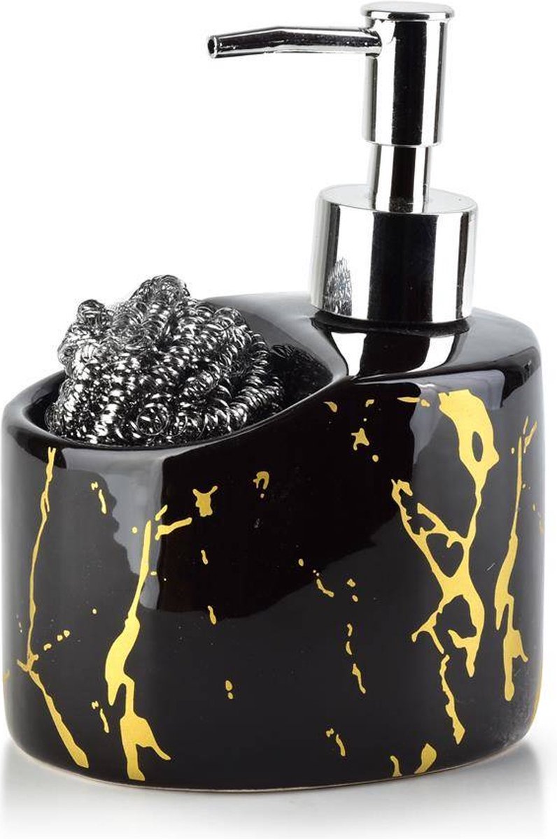 COOKINI Hand Soap Dispenser including Scouring Pad - Black / Gold Marble