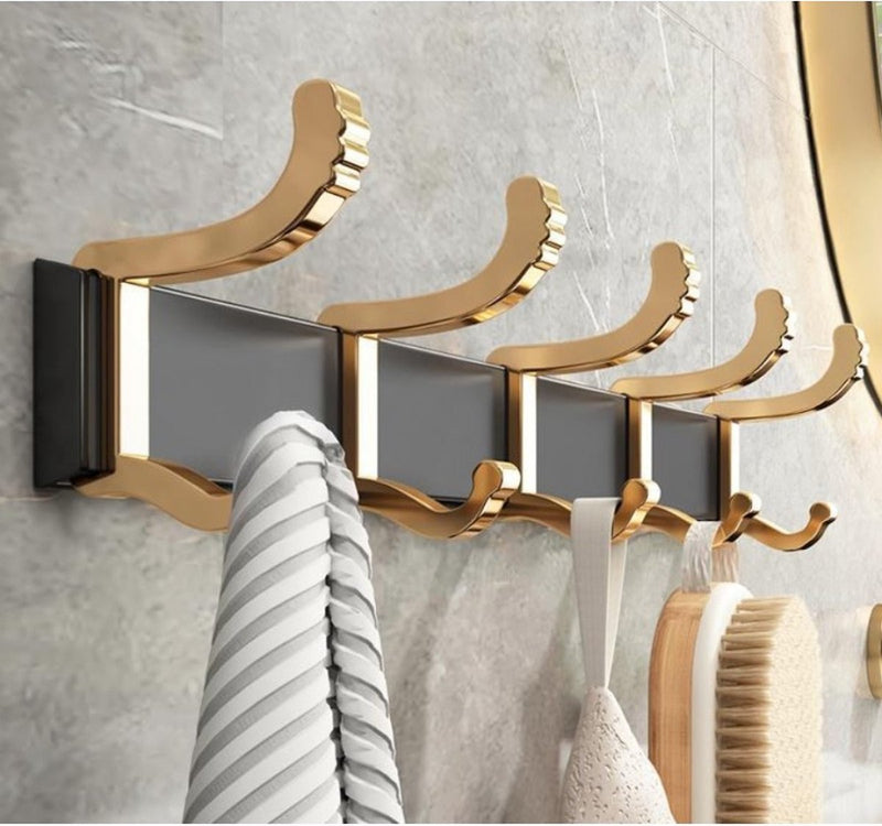 MONOO Wandgarderobe Gold/Schwarz – Garderobe – Ablage mit 10 Haken – Handtuchhalter – Handtuchhalter